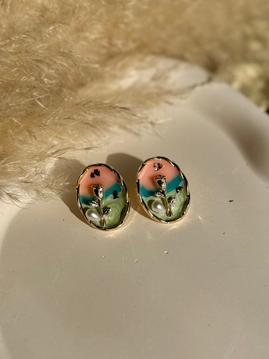 Vintage Oil Painting Floral Pearl Oval Earrings